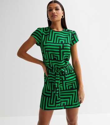 Green Geometric Belted Tunic Mini Dress