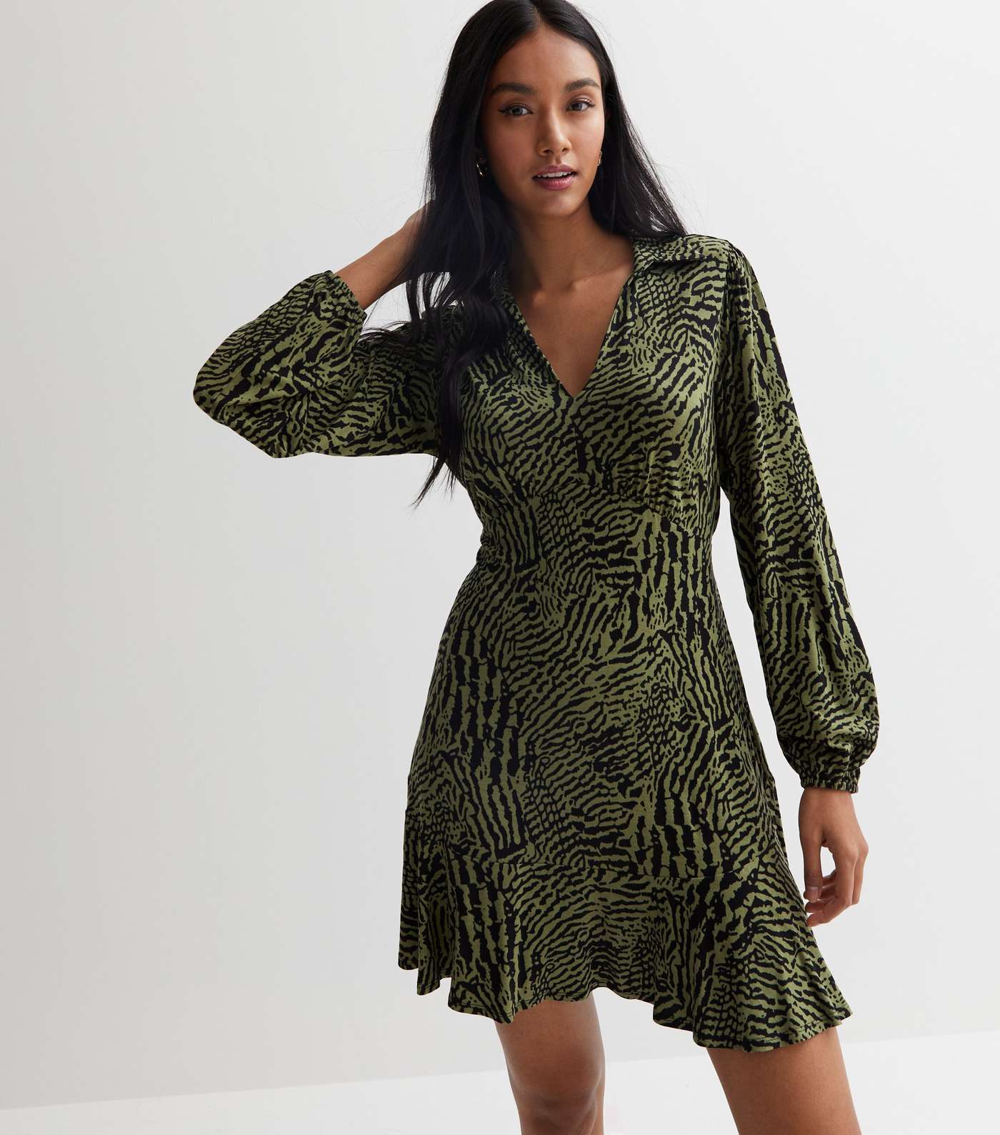 Green Animal Print Collared Frill Mini Dress