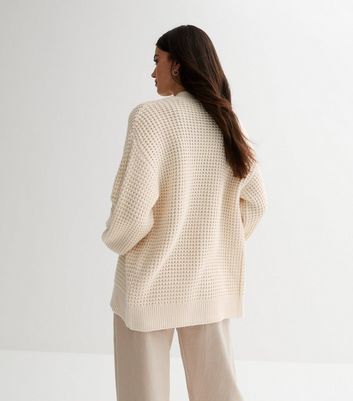 Off White Knit Open Front Long Puff Sleeve Cardigan | New Look