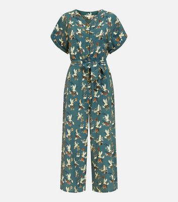 Yumi Teal Bird Print V Neck Button Front Jumpsuit New Look