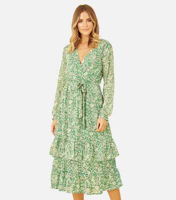 Yumi Green Floral Long Sleeve Tiered Midi Wrap Dress
