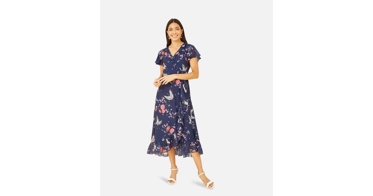 Yumi Navy Crane Print Satin Ruffle Midi Wrap Dress | New Look