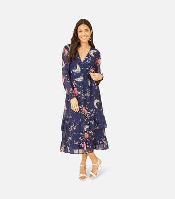 Yumi Navy Floral Bird Chiffon Tiered Midi Wrap Dress