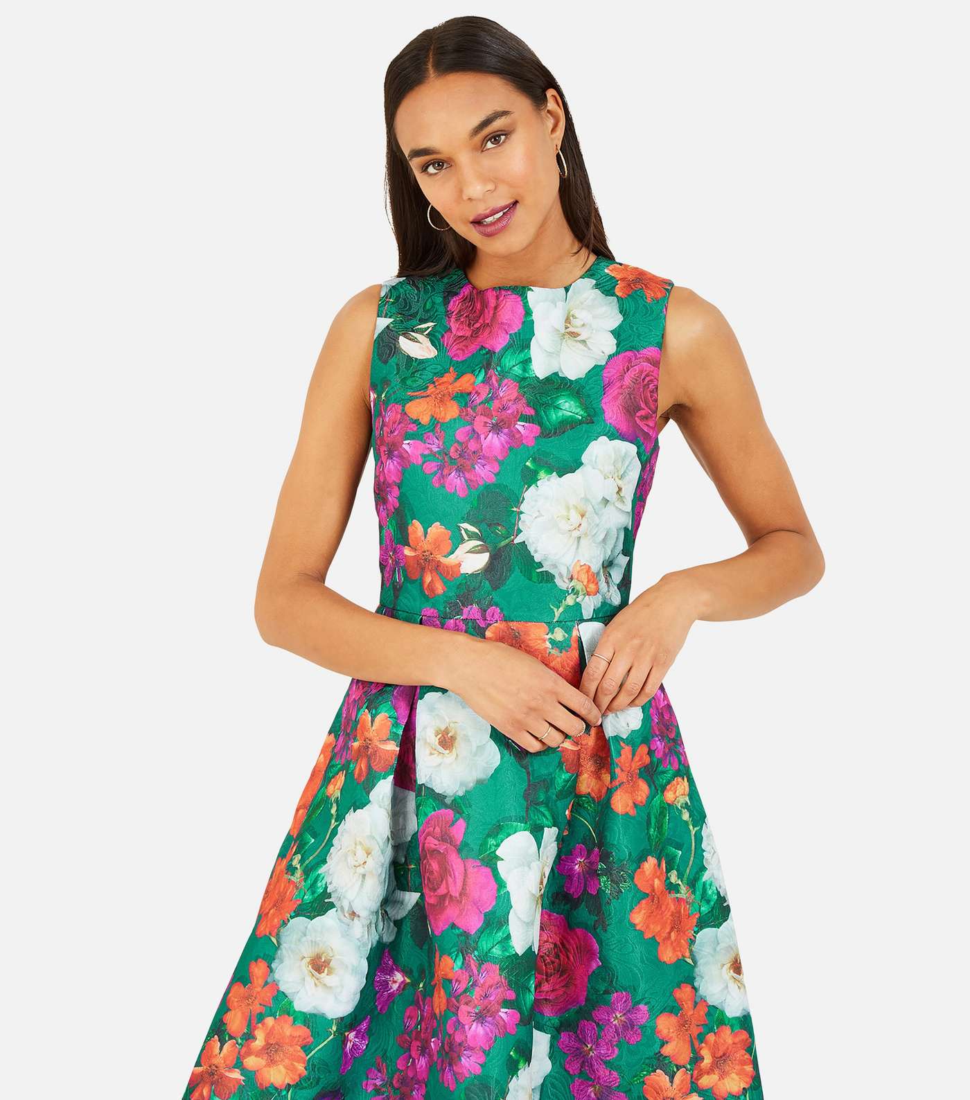 Yumi Green Floral Jacquard Sleeveless Mini Skater Dress Image 2