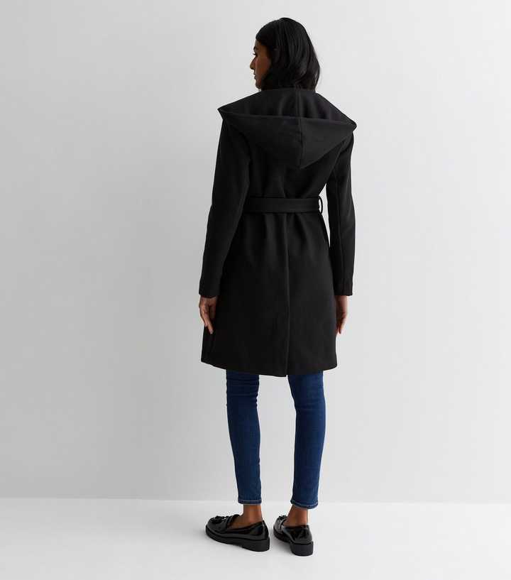 Black Hooded Unlined Belted Coat