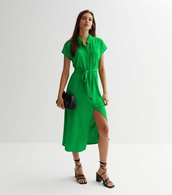 Green Textured Belted Midi Shirt Dress