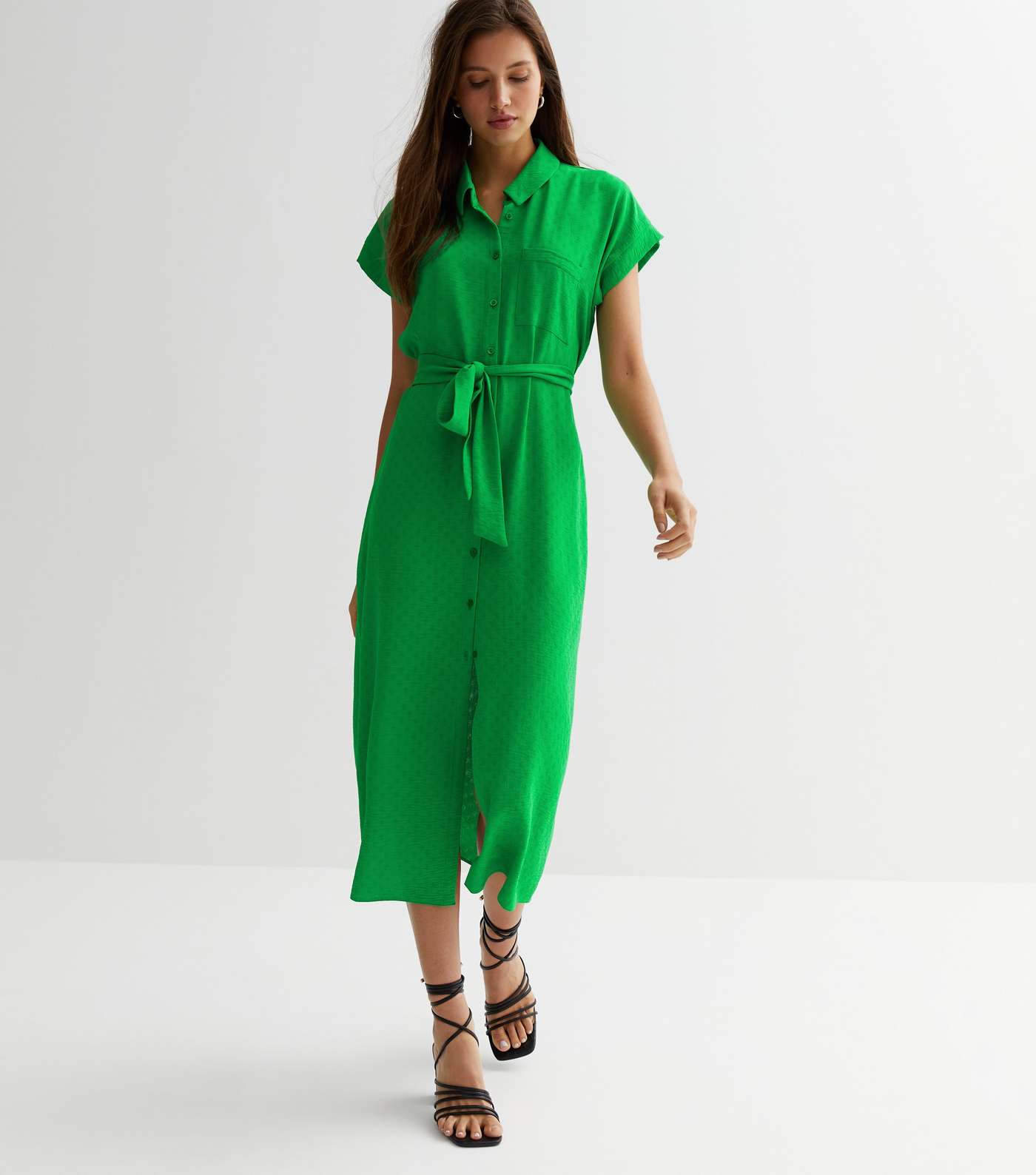 Green Textured Belted Midi Shirt Dress Image 2