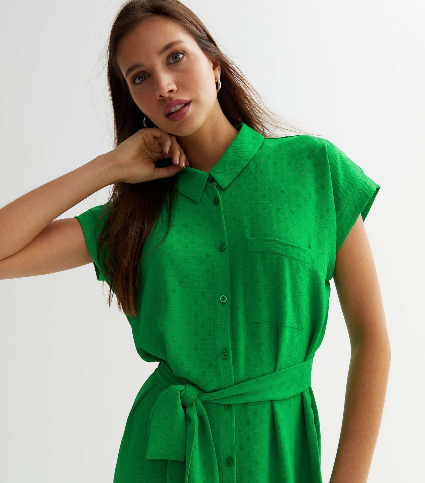 Green Textured Belted Midi Shirt Dress Image 4