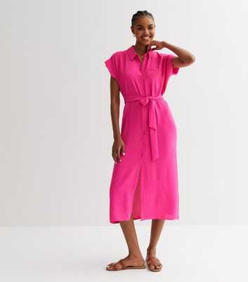 Bright Pink Textured Belted Midi Shirt Dress