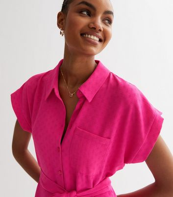 Bright Pink Textured Belted Midi Shirt Dress New Look