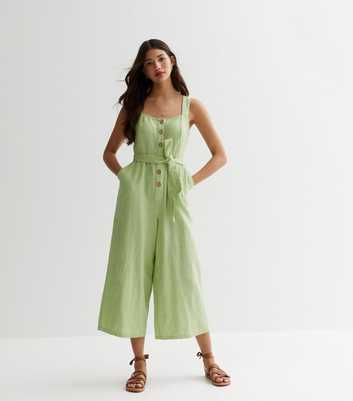 Light Green Cotton Button Front Wide Leg Jumpsuit