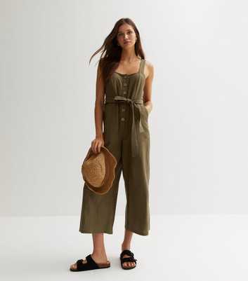 Khaki Cotton Button Front Wide Leg Jumpsuit