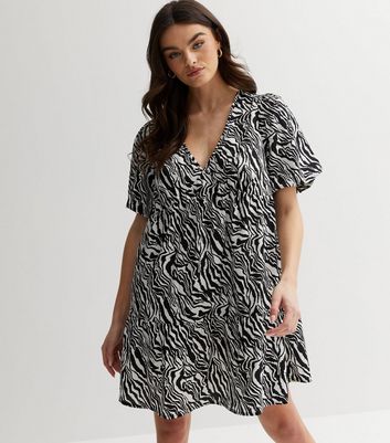 Black Zebra Print Puff Sleeve Mini Smock Dress New Look