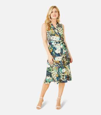 Mela Green Mixed Print V Neck Sleeveless Midi Wrap Dress