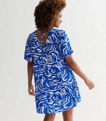 Blue Doodle Print Puff Sleeve Mini Smock Dress New Look