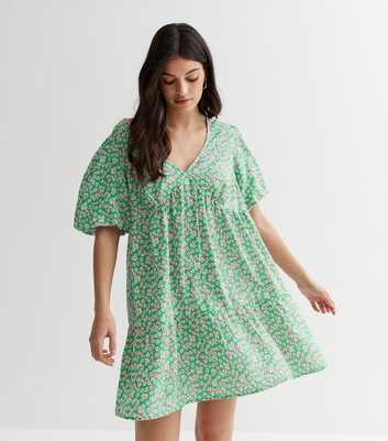 Green Ditsy Floral V Neck Mini Smock Dress