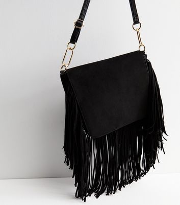 Zara black leather tassel fringe flap bag with chain | eBay