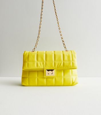 Yellow Quilted Chain Strap Cross Body Bag New Look