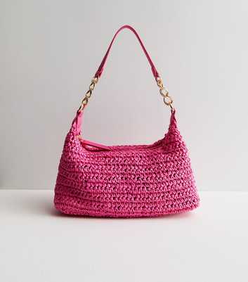 Bright Pink Straw Effect Chain Shoulder Bag
