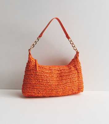 Bright Orange Straw Effect Chain Shoulder Bag