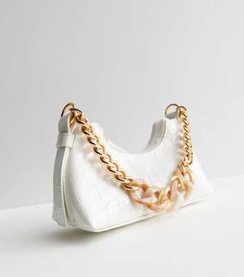 White Faux Croc Resin Chain Shoulder Bag