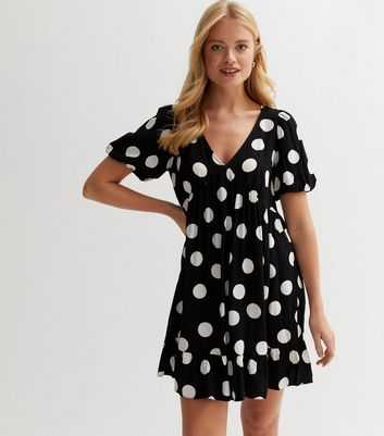 Black Spot Puff Sleeve Mini Smock Dress