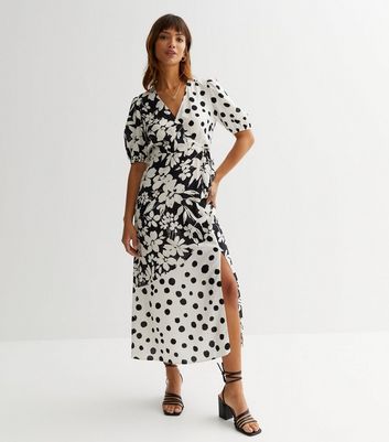 Black Mixed Floral Animal Print Midi Wrap Dress New Look