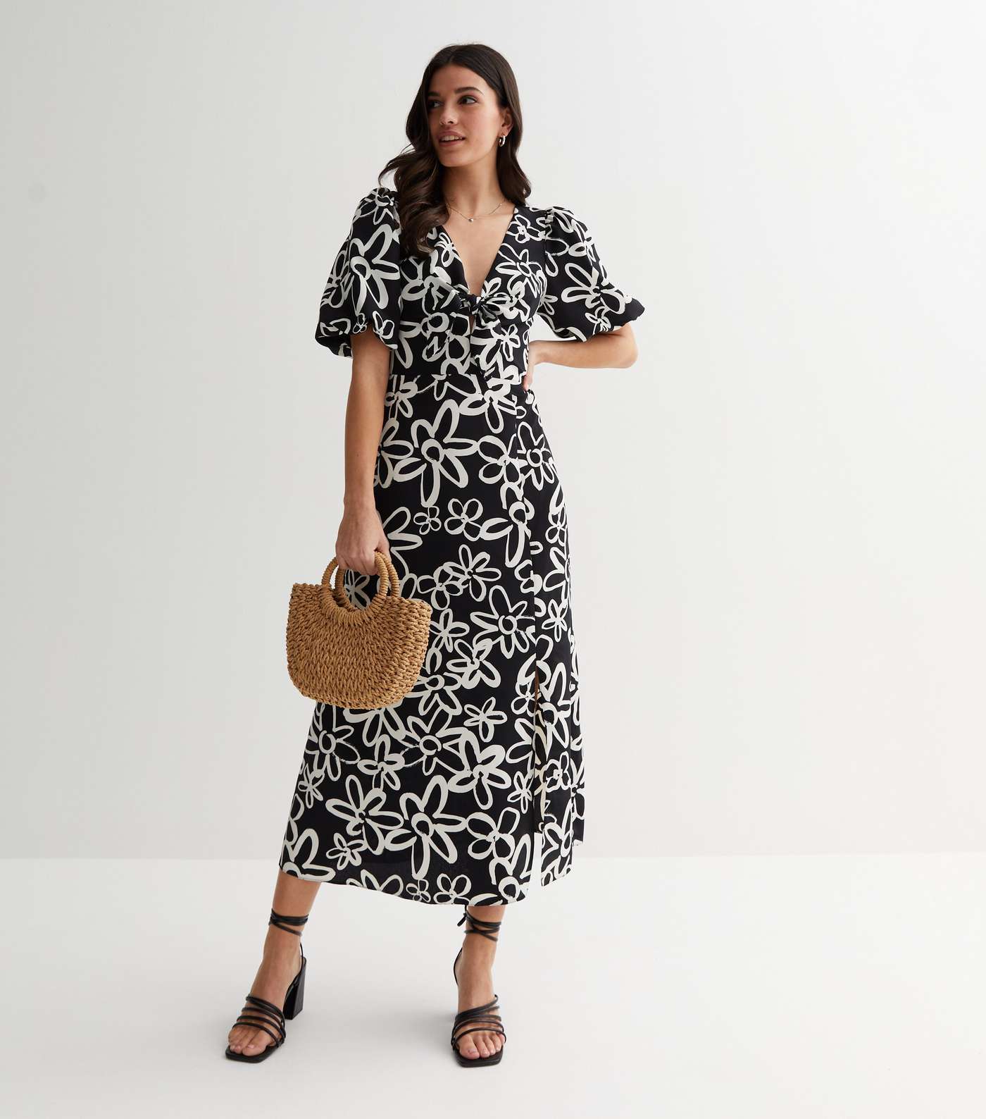 Black Floral Tie Front Puff Sleeve Midi Dress Image 3