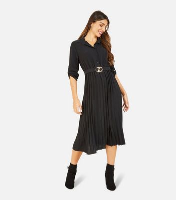 Mela Black Belted Pleated Midi Shirt Dress New Look