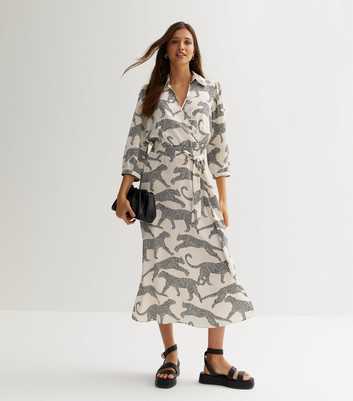 White Leopard Print Collared Midi Wrap Dress