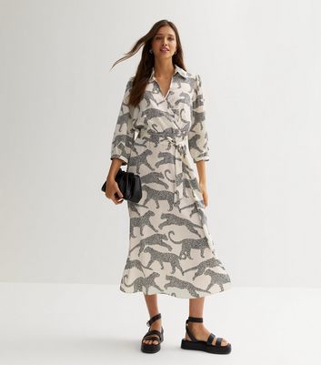 White Leopard Print Collared Midi Wrap Dress