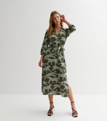 Green Leopard Print Collared Midi Wrap Dress