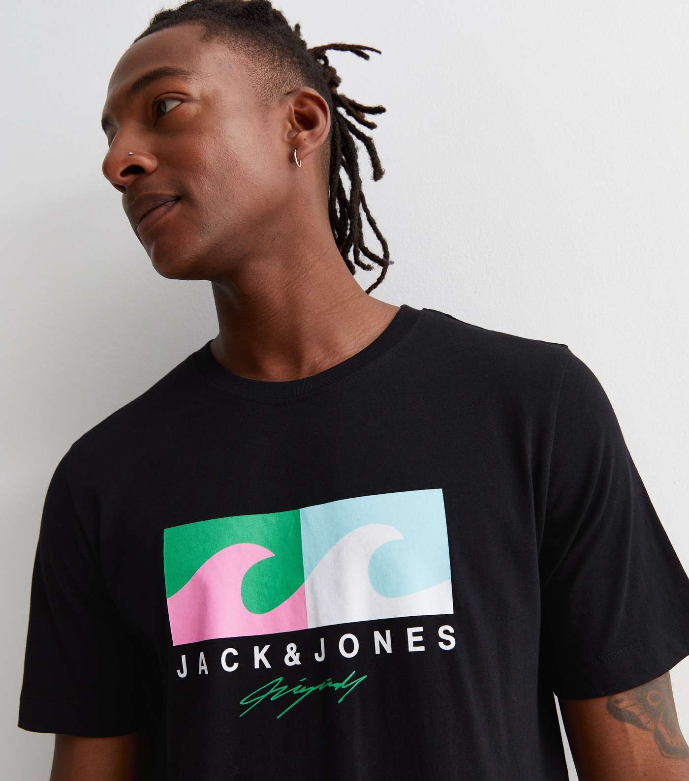 Jack & Jones Black Cotton Tropical Logo T-Shirt Image 2