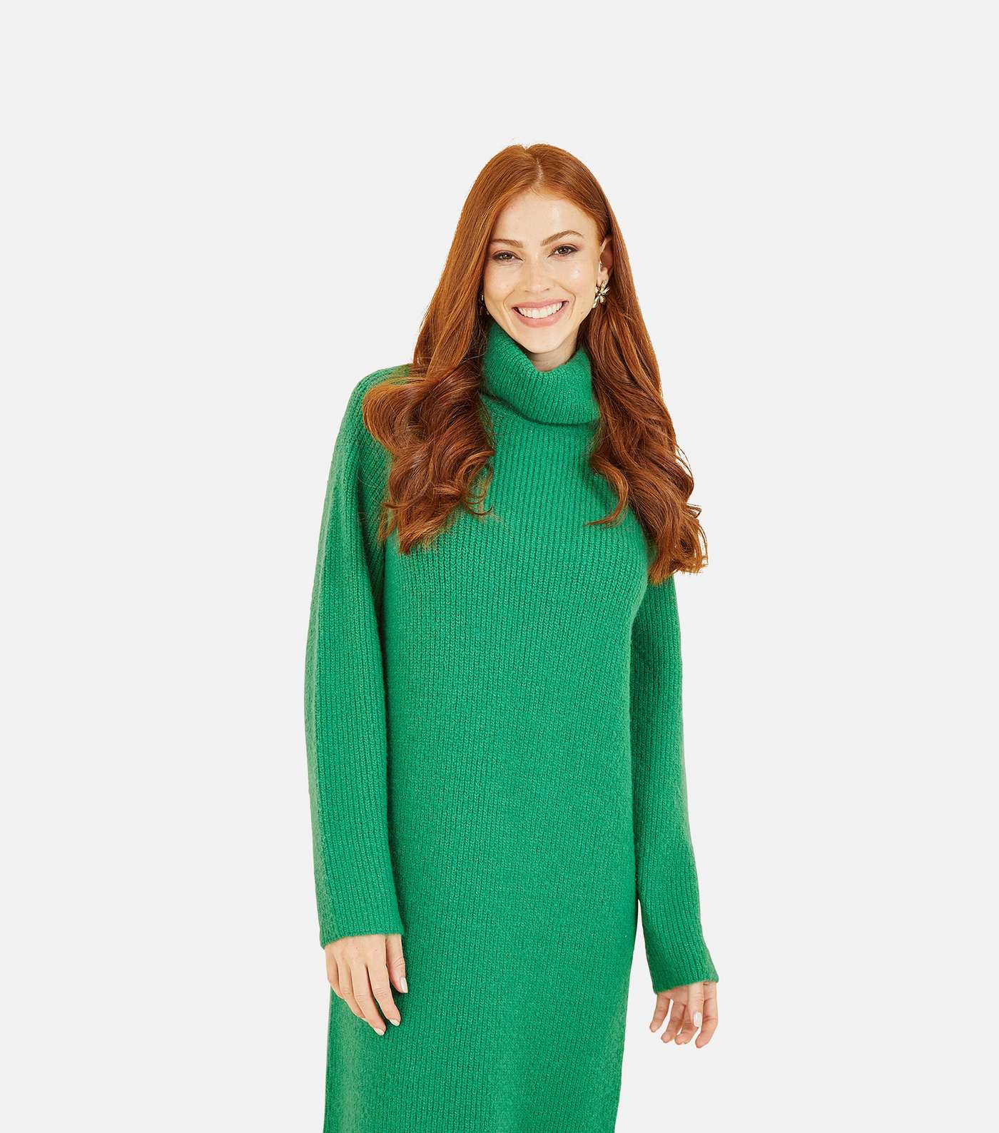 Yumi Green Knit Roll Neck Long Sleeve Midi Dress Image 5