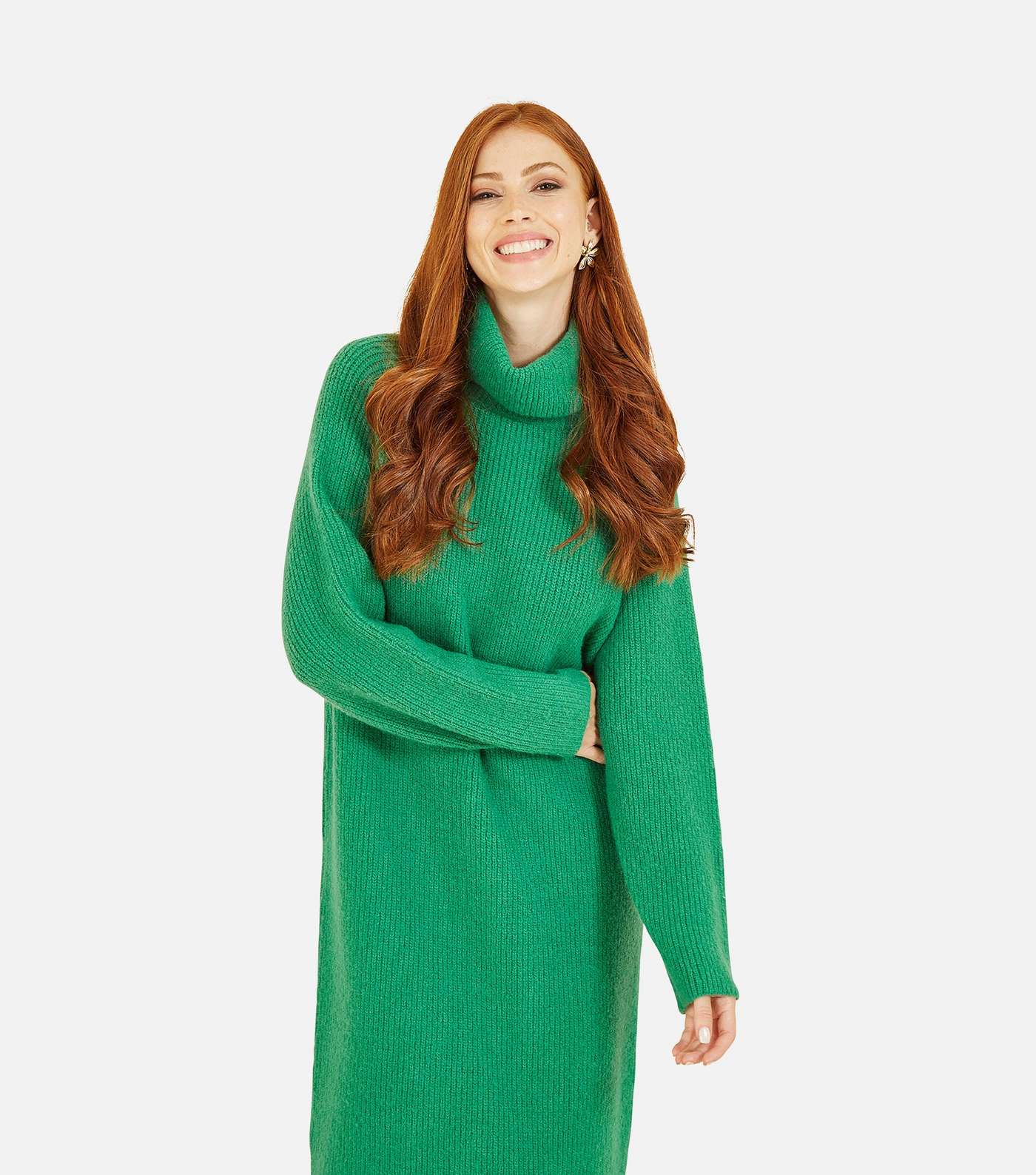 Yumi Green Knit Roll Neck Long Sleeve Midi Dress Image 7