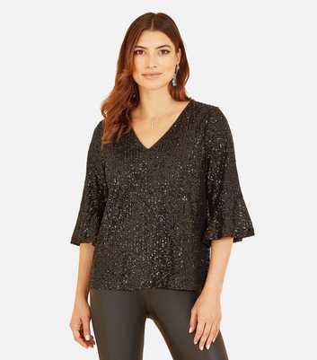 Yumi Black Sequin Flared Sleeve Top