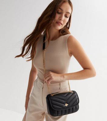 Black Quilted Bee Cross Body Bag New Look