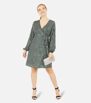 Yumi Green Stripe Sequin V Neck Long Puff Sleeve Mini Wrap Dress