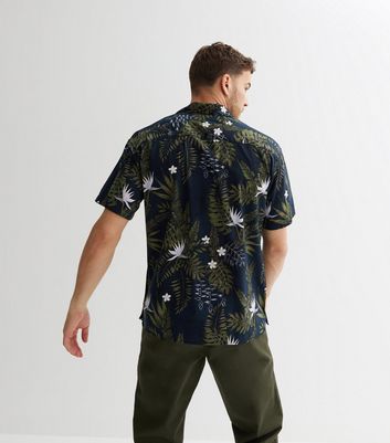 Men's Jack & Jones Navy Tropical Leaf Short Sleeve Shirt New Look