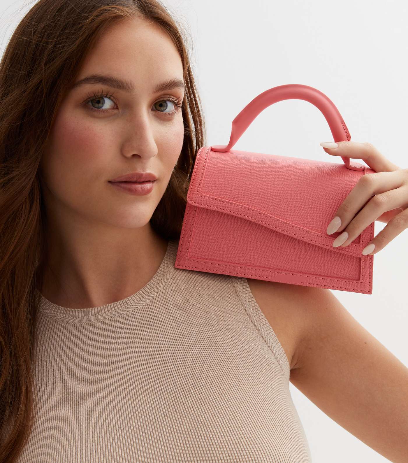 Coral Leather-Look Asymmetric Top Handle Bag Image 2