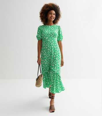 Green Ditsy Floral Frill Tiered Midi Dress