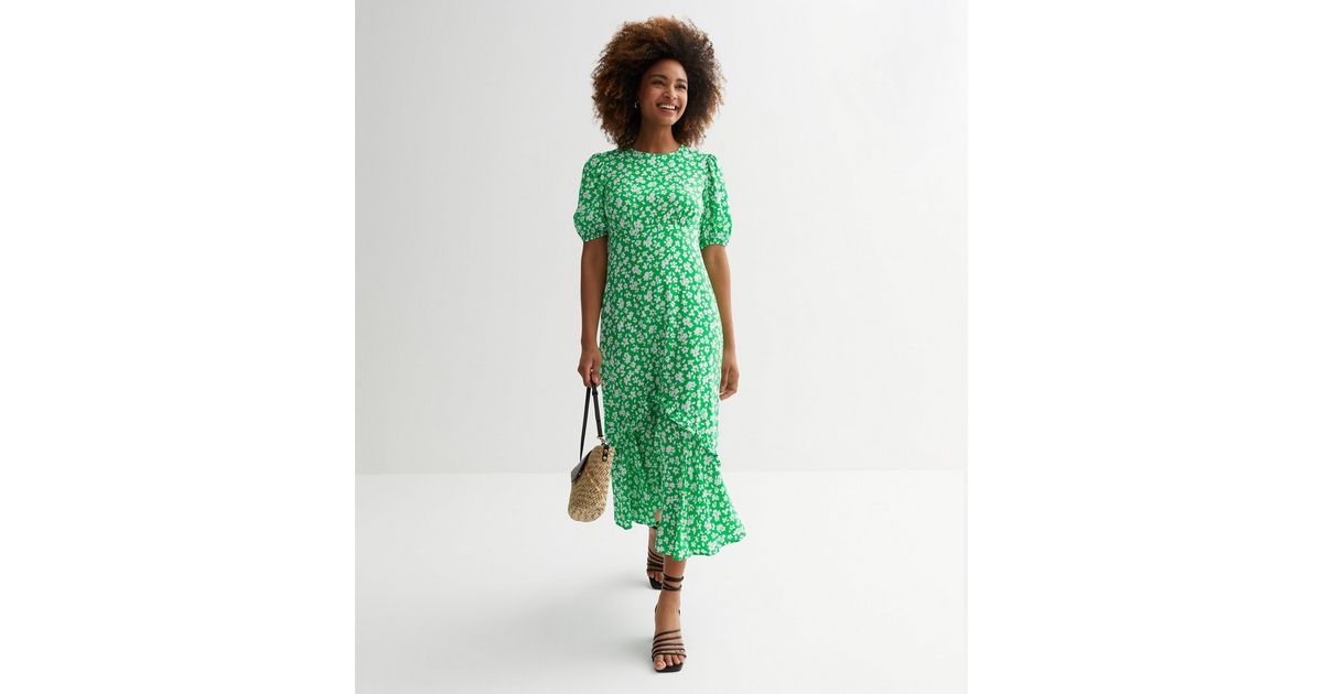 new look green ditsy dress Green Ditsy Floral Frill Tiered Midi Dress