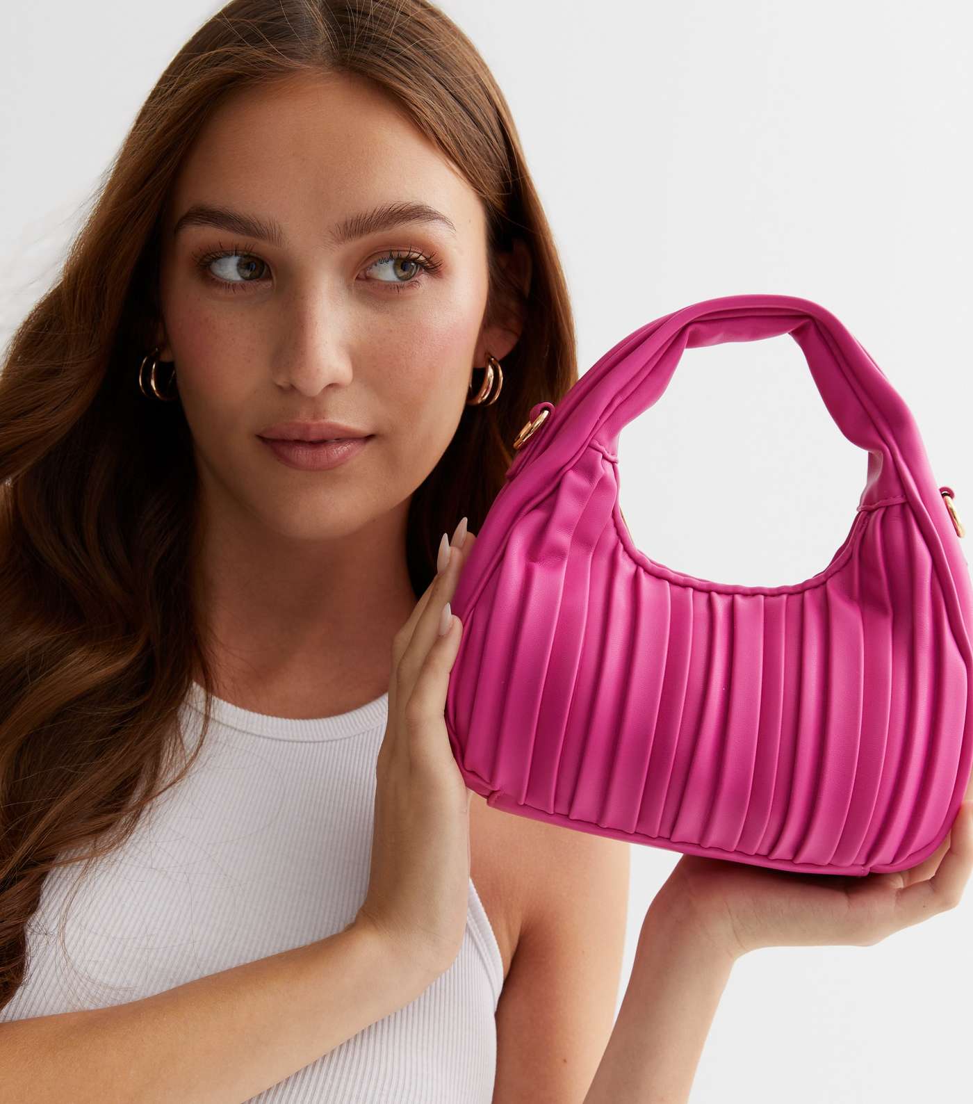 Bright Pink Plisse Shoulder Strap Grab Bag Image 2