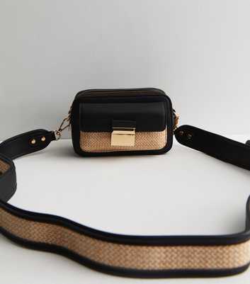 Black Leather-Look Straw Effect Cross Body Bag