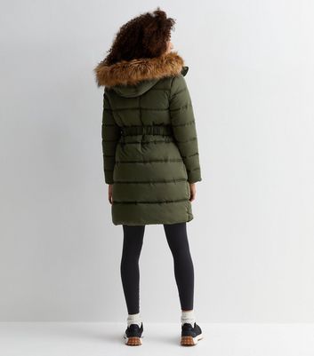 Khaki Faux Fur Hood Belted Puffer Coat New Look - Main Image