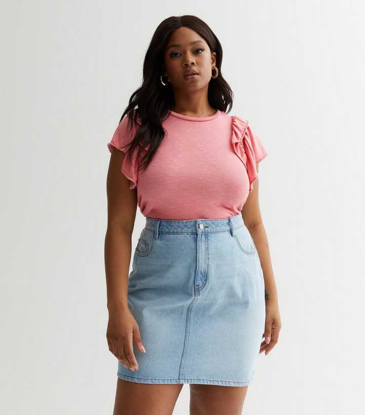 Curves Mid Pink Fine Knit Frill Sleeve T-Shirt