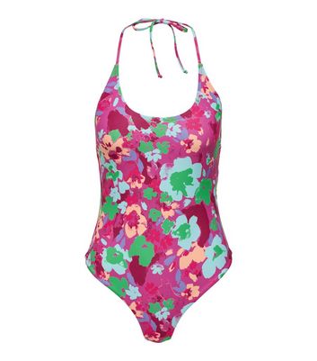 ONLY Pink Floral Halter Swimsuit New Look