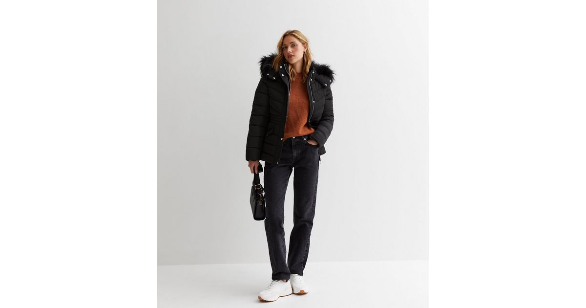 Oversized Fur-Trim Hooded Puffer Coat with Patchwork Design