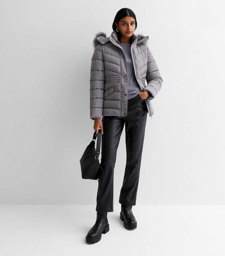 Grey Faux Fur Trim Hooded Puffer Jacket