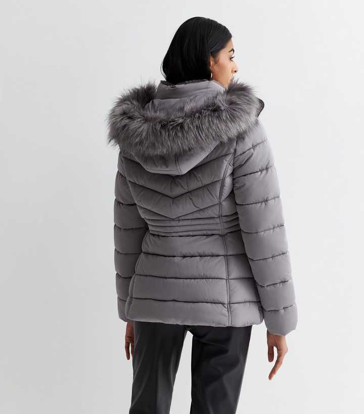 Padded Faux Fur Hooded Coat Grey, Women's Coats